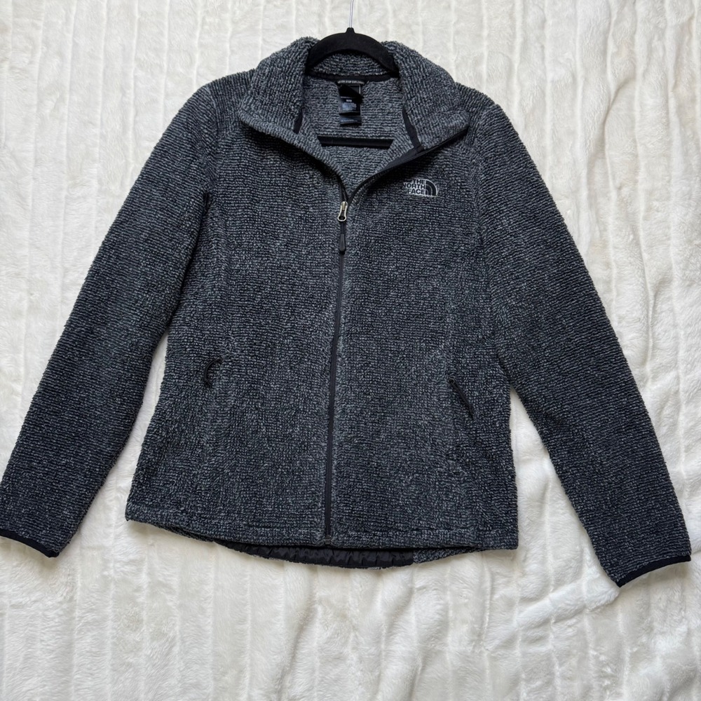 The North Face Womens Full Zip Textured Fleece Jacket Charcoal Grey Black Medium